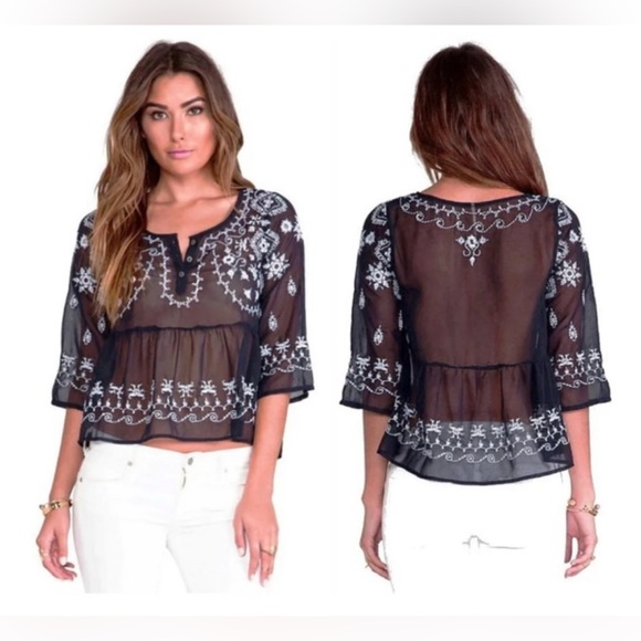 Free People Tops - Free People Black Sheer Chiffon Blouse with White Embroidery
